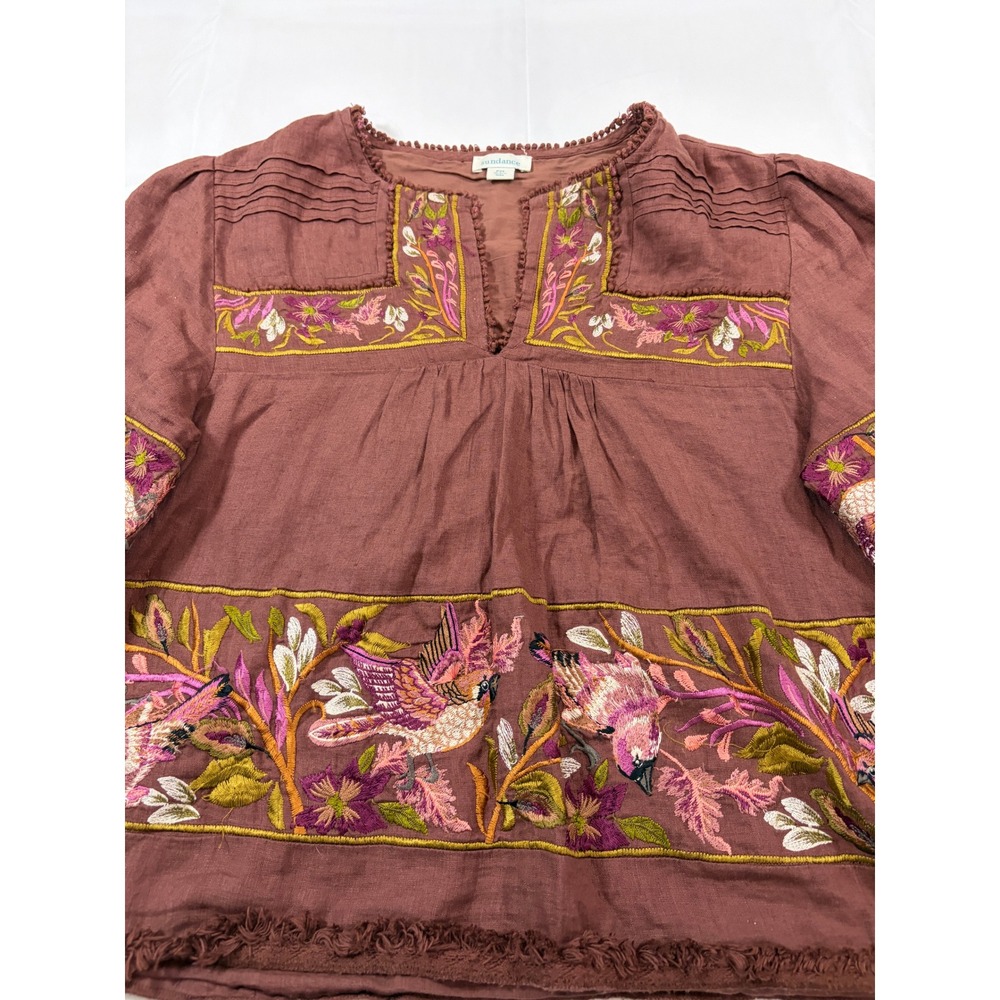 Sundance Brown Embroidered Linen Bird Floral Peasant Blouse PM Boho Fringe Top - Picture 3 of 11